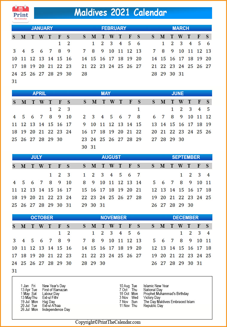 Maldives Calendar 2021
